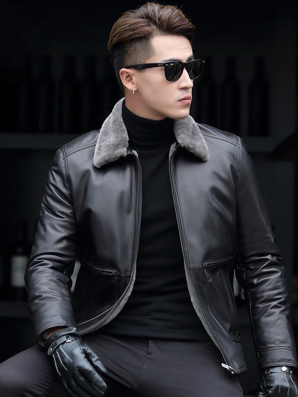 Veste de moto courte et chic en cuir pour homme, manteau épais