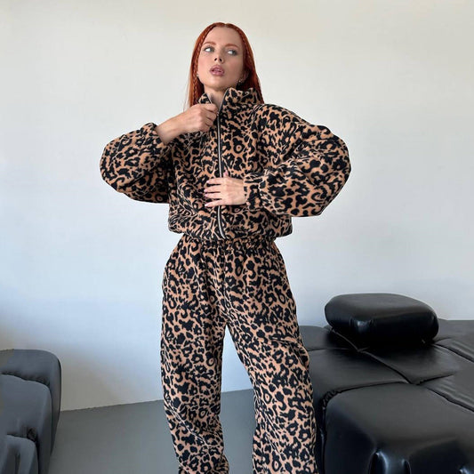 Traje de suéter con cremallera y estampado de leopardo suelto a la moda para mujer