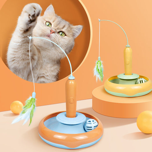 2 en 1 jouet pour chat avec plume pour auto-jeu chat plateau tournant fournitures pour animaux de compagnie chat jouet jouets chats articles produits