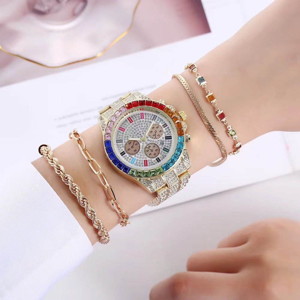 Montre-bracelet à calendrier unique en acier pour femmes, entièrement diamantée