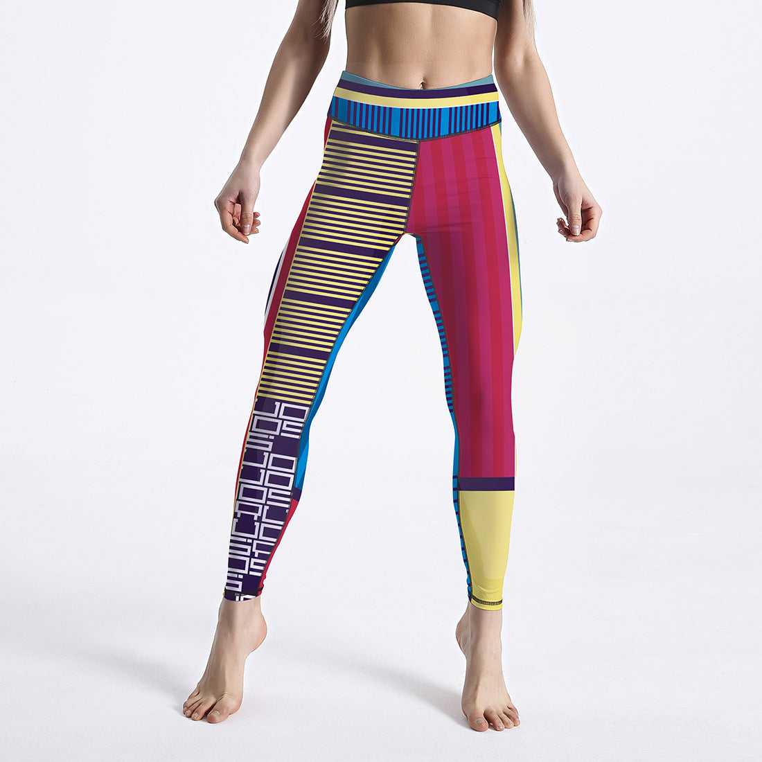 Colorful Striped Patchwork Printed High Waist Cropped Pants Sports Yoga Pants